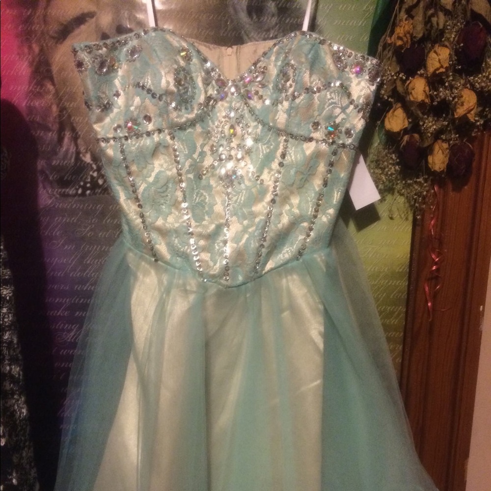 Blue and neutral colored deb dress